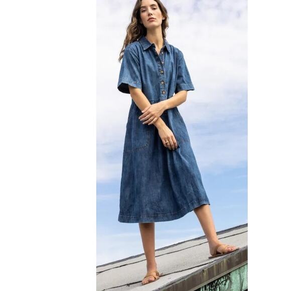 Lilla P blue Denim collared midi dress button front short sleeves small - Picture 1 of 13